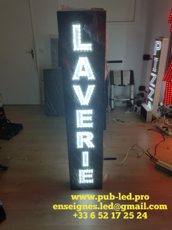 ENSEIGNE COMMERCIALE LED DOUBLE FACE “LAVERIE” ANIMÉE POUR MAGASIN 150x33cm