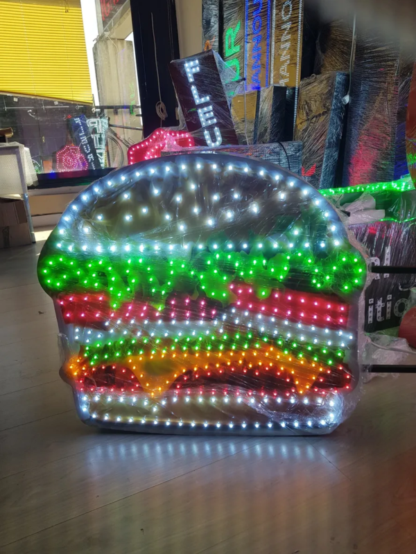 ENSEIGNE LED 70x70cm DOUBLE FACES “BURGER” PRÊTE À INSTALLER AVEC ANIMATION ET TÉLÉCOMMANDE