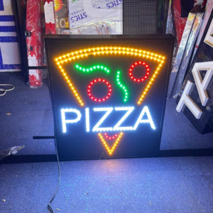 ENSEIGNE COMMERCIALE LED DOUBLE FACE “PIZZA” ANIMÉE POUR RESTAURANT 70×70 cm