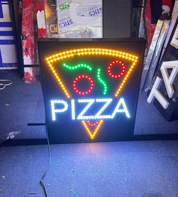 ENSEIGNE COMMERCIALE LED DOUBLE FACE “PIZZA” ANIMÉE POUR RESTAURANT 70×70 cm