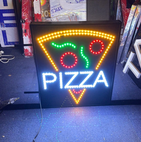 ENSEIGNE COMMERCIALE LED DOUBLE FACE “PIZZA” ANIMÉE POUR RESTAURANT 70×70 cm – Image 2