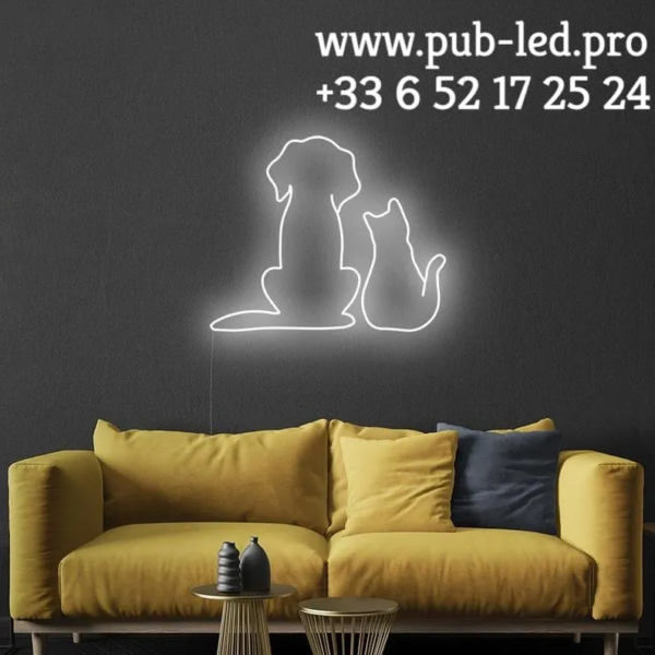 ENSEIGNE LUMINEUSE "CHAT ET CHIEN" NÉON FLEX PERSONNALISÉE, CHOIX DE TAILLE ET COULEUR, de 55 cm et 78 cm
